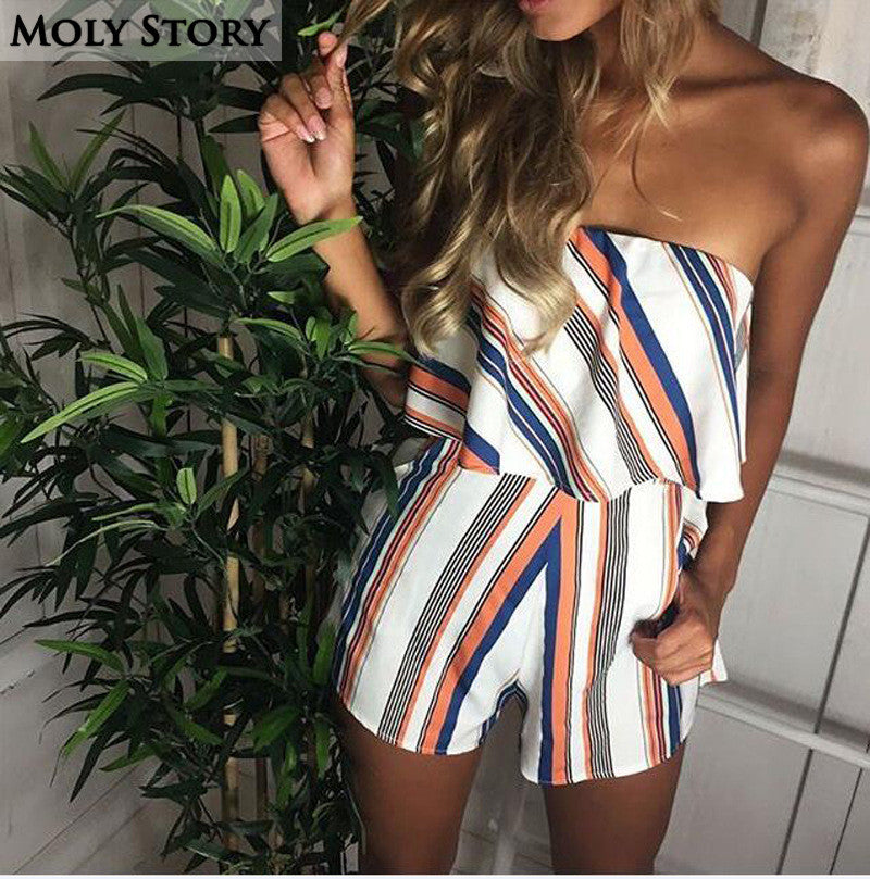 Fashion Sexy Ladies Striped Off the Shoulder Rompers Women Strapless Jumpsuit Mini Shorts Monos Cortos De Mujer