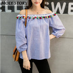 Clearance Cute Sexy Off Shoulder Blouse Tassel Blue Striped Shirt Puff Sleeve Top Strapless Boho Tops Wholesale Cheap Price