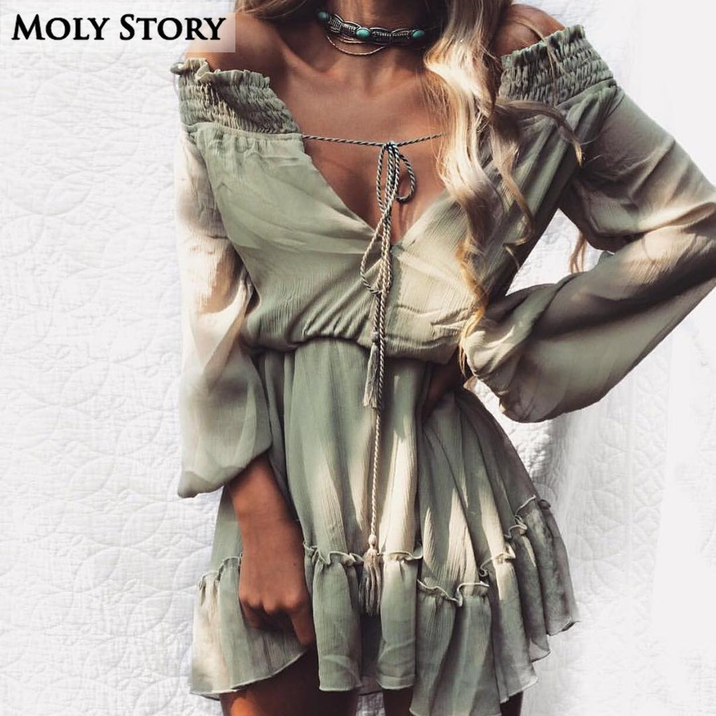 Sexy Off Shoulder Chiffon Dresses Long Sleeve Strapless Ruffle Dress Casual Loose Holiday Beach Wear Robe Femme